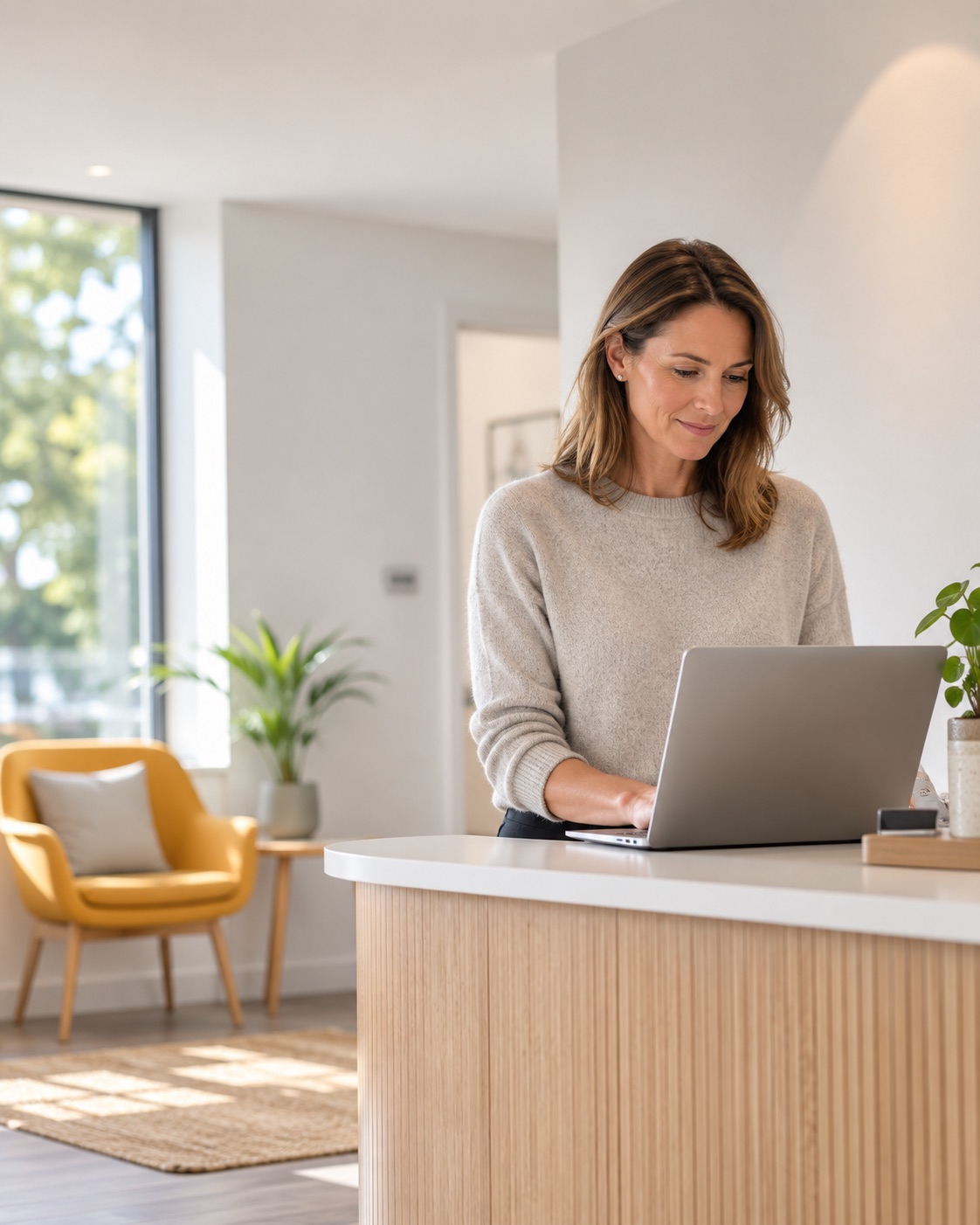A practice owner reviewing their clinic's schedule on a laptop at a bright reception desk