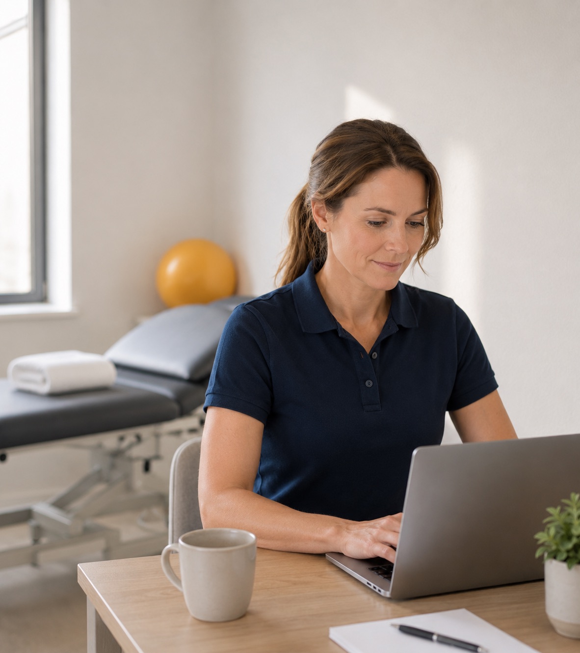 A physiotherapist reviewing patient records and appointments on a laptop in a treatment room